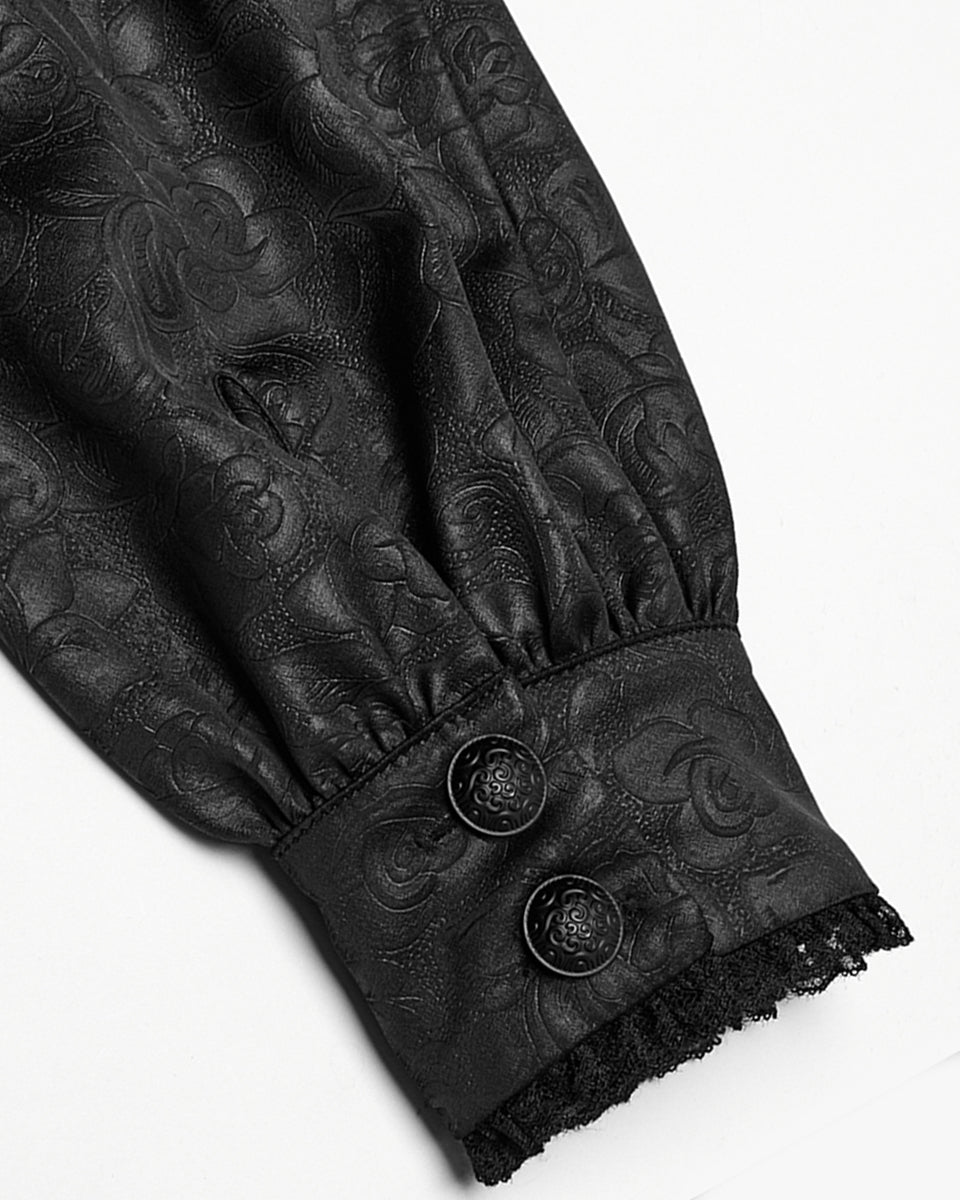 WY-1785 Mens Gothic Embossed Print Lace-Up Pirate Shirt - Black