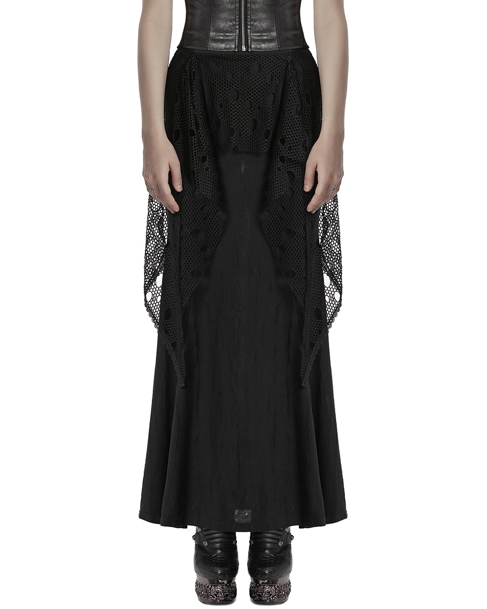 OQ-787BQF Daily Life Apocalyptic Gothic Broken Knit & Mesh Fishtail Maxi Skirt