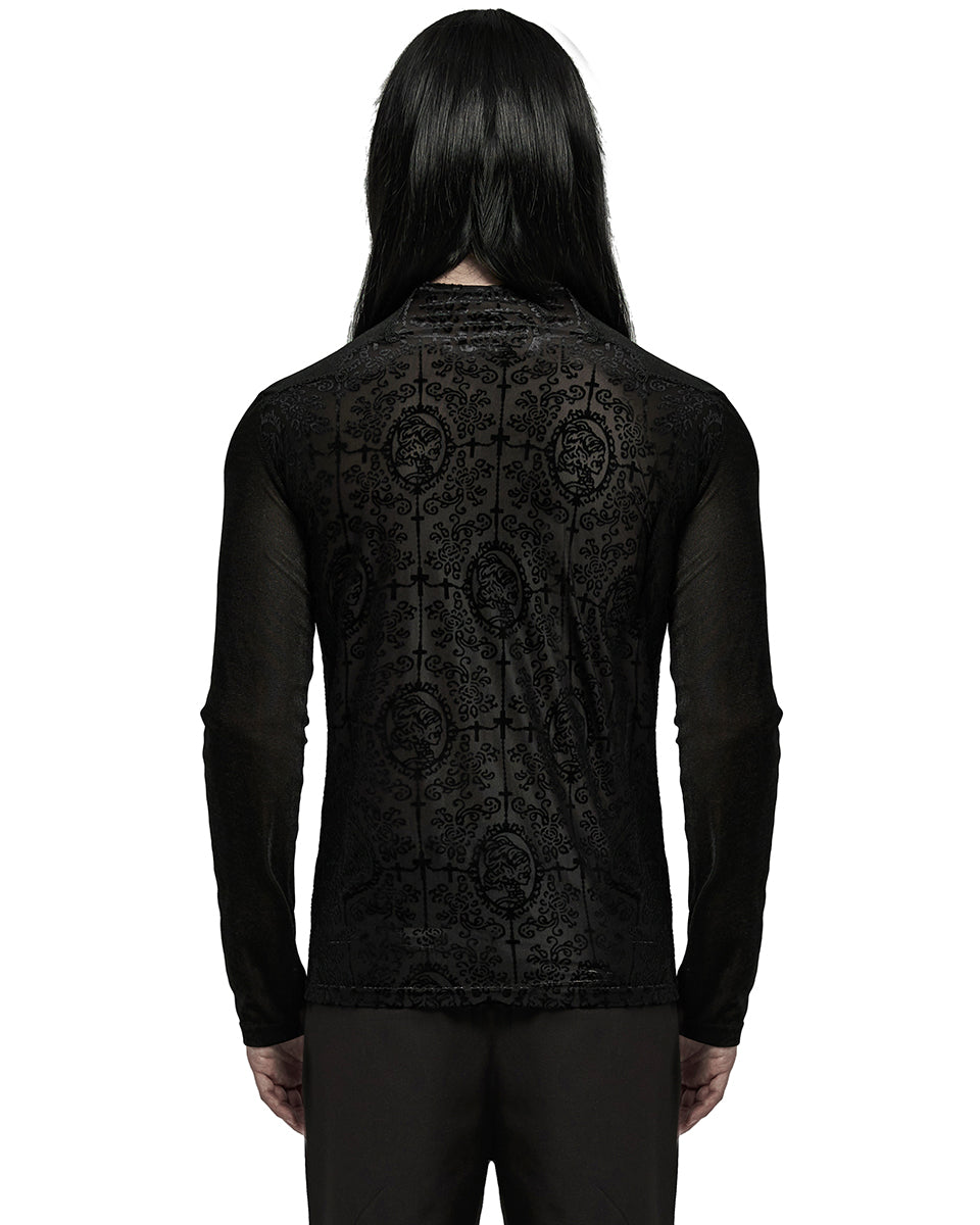 WT-907TCM-BKM Mens Gothic Skull Cameo Mesh Long Sleeve Tee