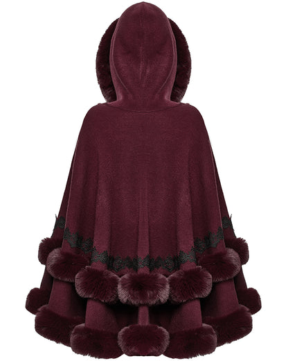 OM-092HMF Daily Life Womens Plush & Faux Fur Hooded Winter Cloak - Red