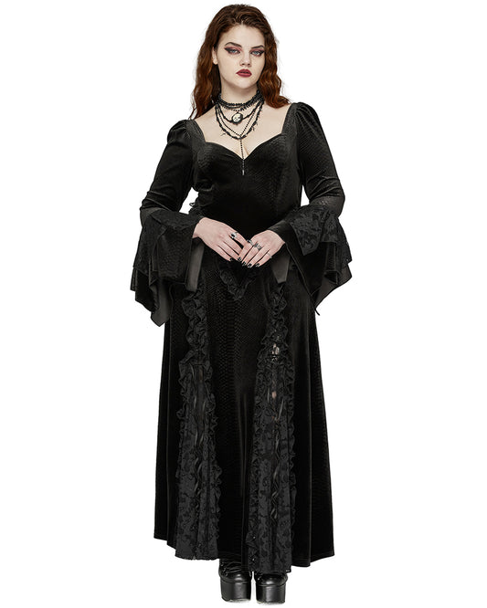 DQ-722LQF Plus Size Womens Gothic Embossed Velvet & Lace Courtesan Maxi Dress