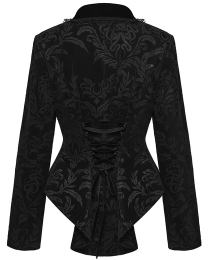 WY-1833LDF Womens Gothic Aristocrat Damask Velvet Frock Coat Jacket - Black