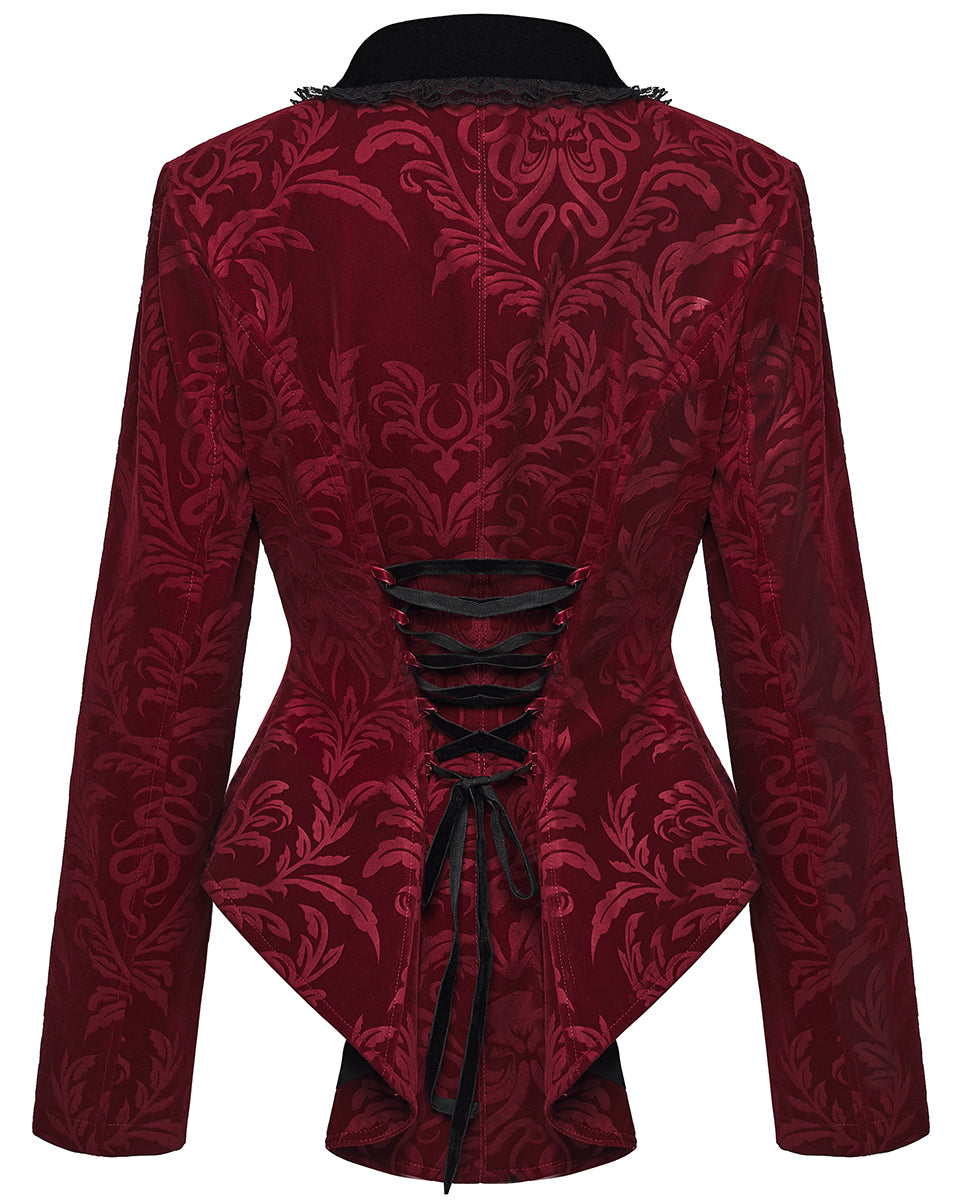 WY-1833LDF Womens Gothic Aristocrat Damask Velvet Frock Coat Jacket - Red