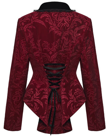 WY-1833LDF Womens Gothic Aristocrat Damask Velvet Frock Coat Jacket - Red