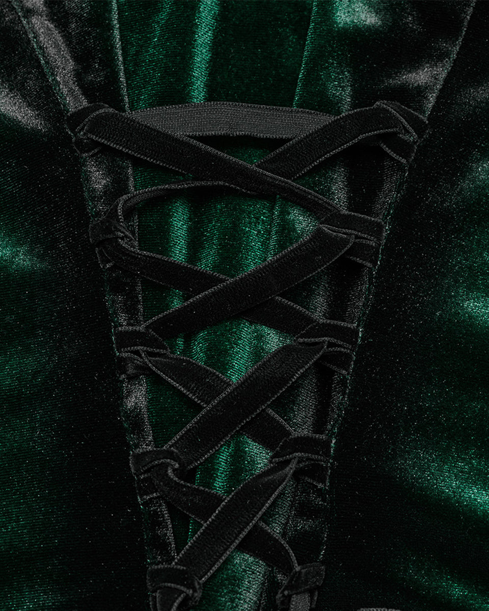 OY-1697DQF-GRF Daily Life Gothic Gradient Velvet Bat Collar Blouse Top - Green & Black