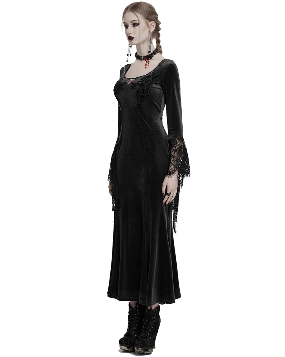 OQ-850LQF Daily Life Womens Long Gothic Velvet Applique Maxi Dress - Black