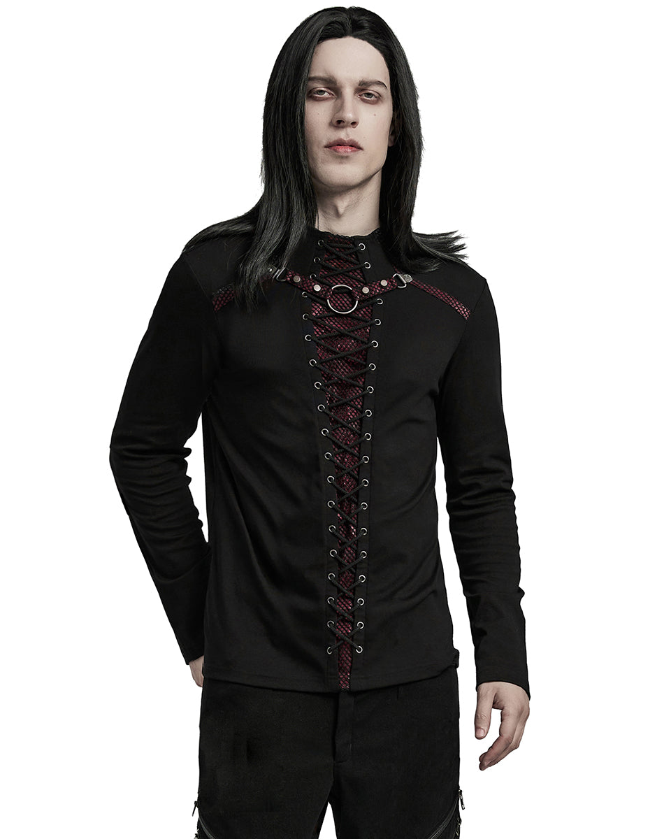 WT-896TCM-BKRDM Mens Dark Punk Lace-Up Mesh Inset Top - Black & Red