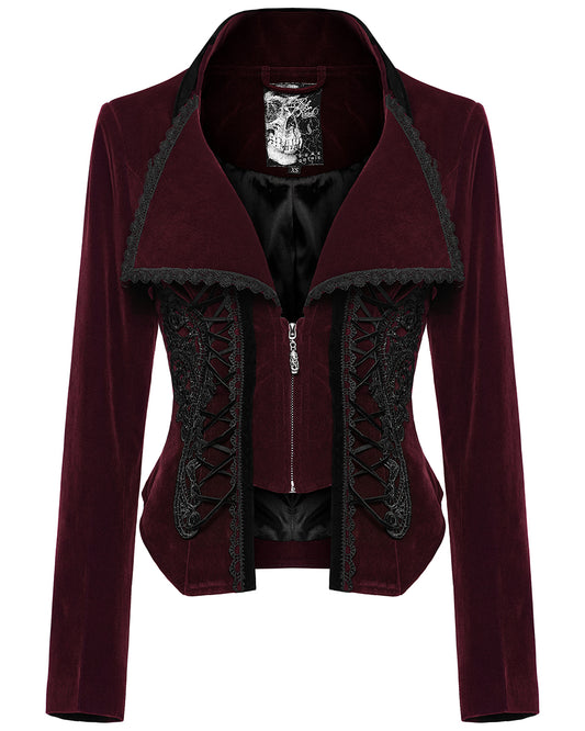 WY-1535LDF-RDF Womens Gothic Velvet & Lace Riding Jacket - Red & Black