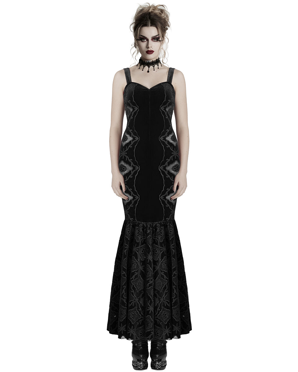 WQ-837LQF Womens Long Gothic Velvet Lace Applique Cutout Dress - Black