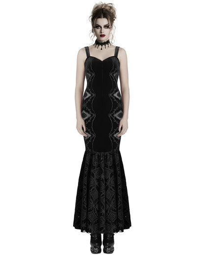 WQ-837LQF Womens Long Gothic Velvet Lace Applique Cutout Dress - Black