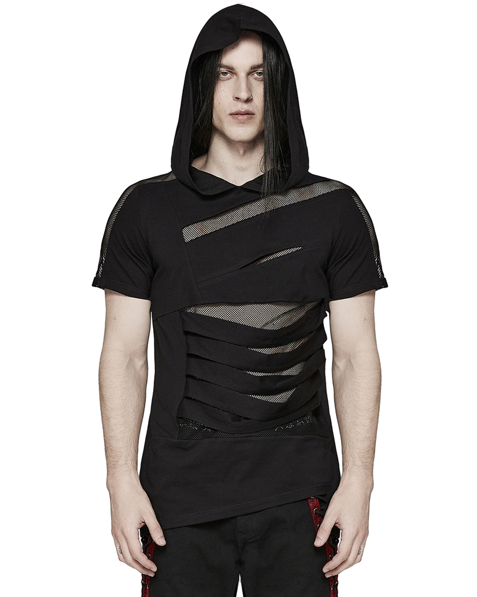 PR-T774-BKM Mens Gothic Punk Shredded Mesh Inset Hooded T Shirt Top