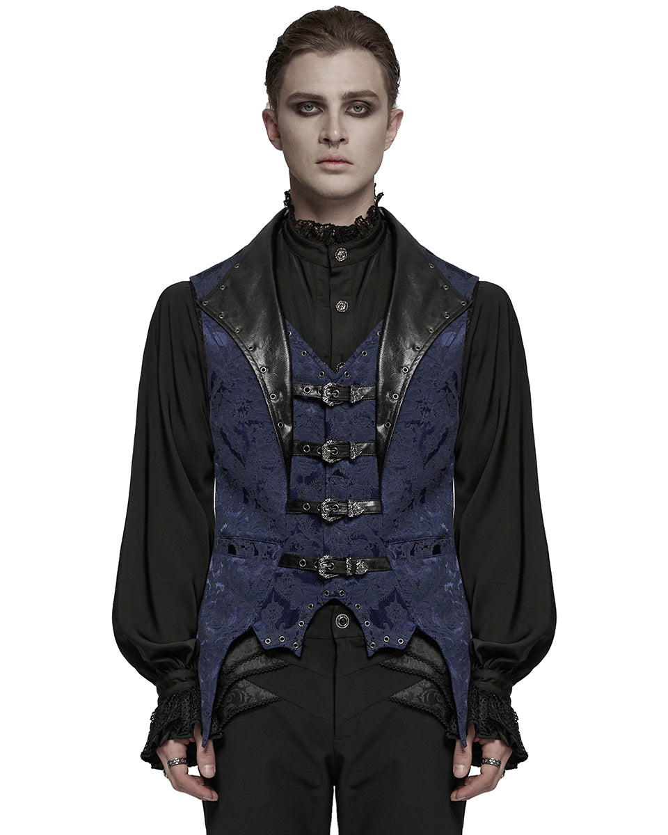 WY-1765MJM Mens Dark Victorian Gothic Damask Jacquard Waistcoat Vest - Blue