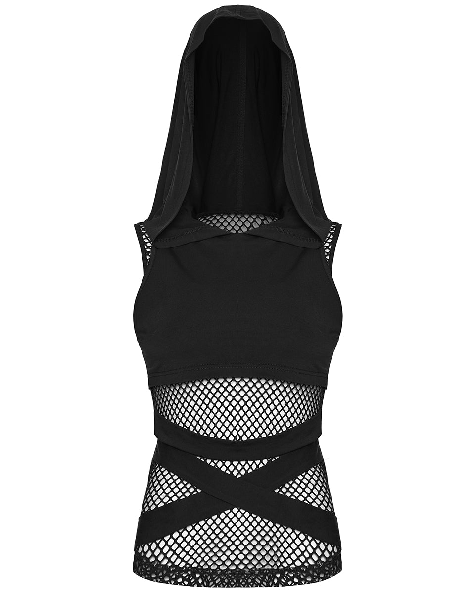 PR-OT-1084TDF-BKF Daily Life Womens Gothic Wasteland Fishnet Contrast Hooded Vest Top