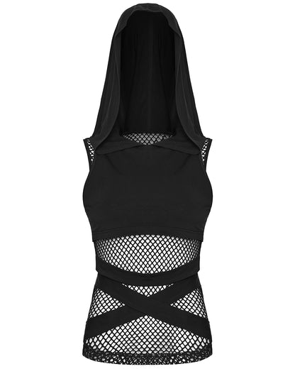PR-OT-1084TDF-BKF Daily Life Womens Gothic Wasteland Fishnet Contrast Hooded Vest Top
