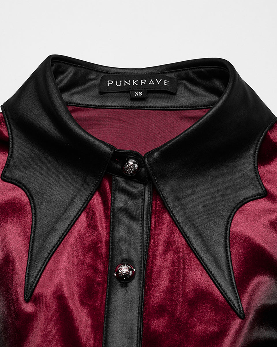 OY-1697DQF-RDF Daily Life Gothic Gradient Velvet Bat Collar Blouse Top - Red & Black