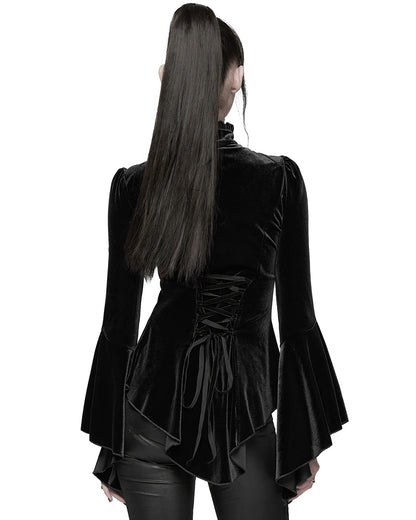 WT-1021TCF Womens Elegant Gothic Velvet & Pleated Lace Blouse Top