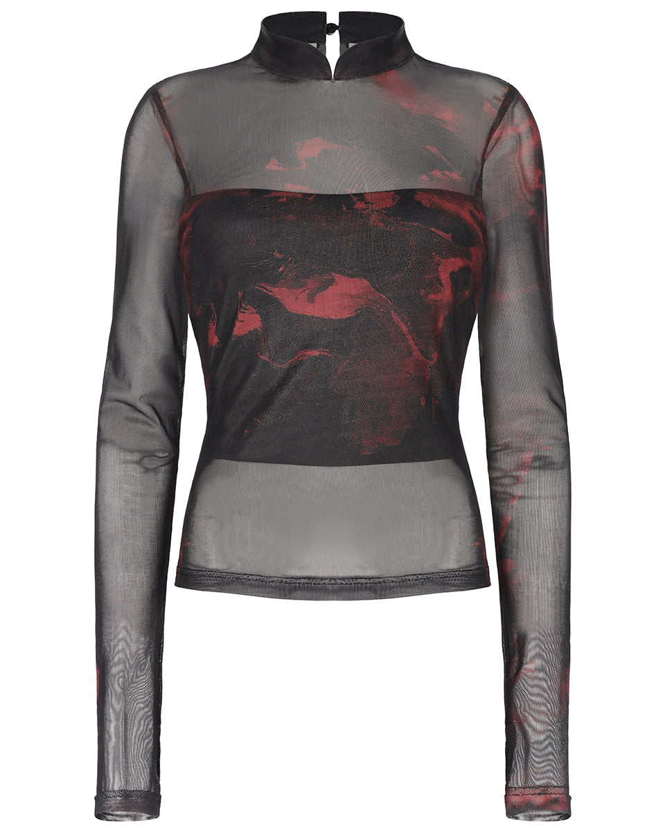 OPT-852 Daily Life Womens Cyberpunk Layered Mesh Top - Black & Red