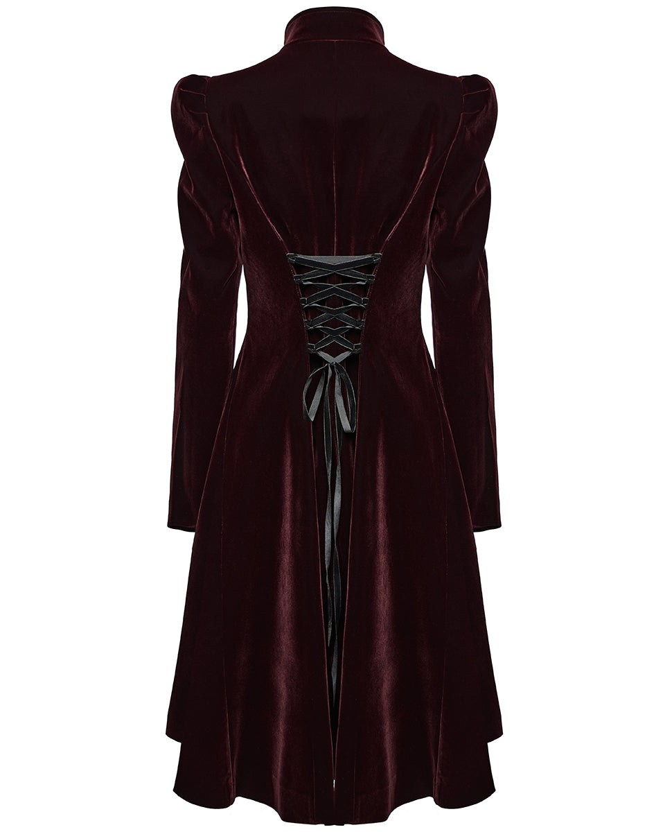 WY-1633XCF Womens Gothic Velvet Embellished Mid Length Military Coat - Red