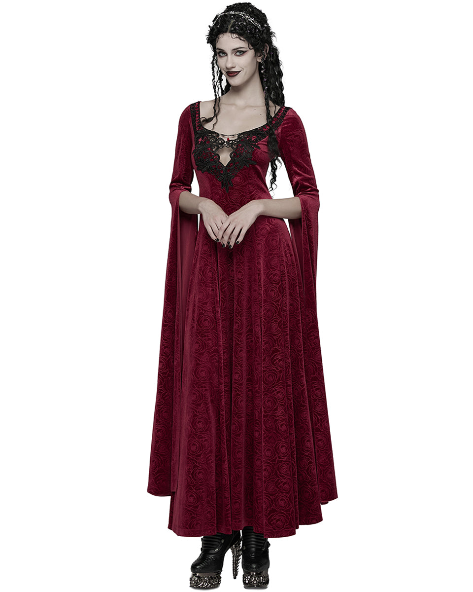 WQ-896LQF Womens Long Gothic Rose Velvet Flared Split Sleeve Maxi Dress - Red