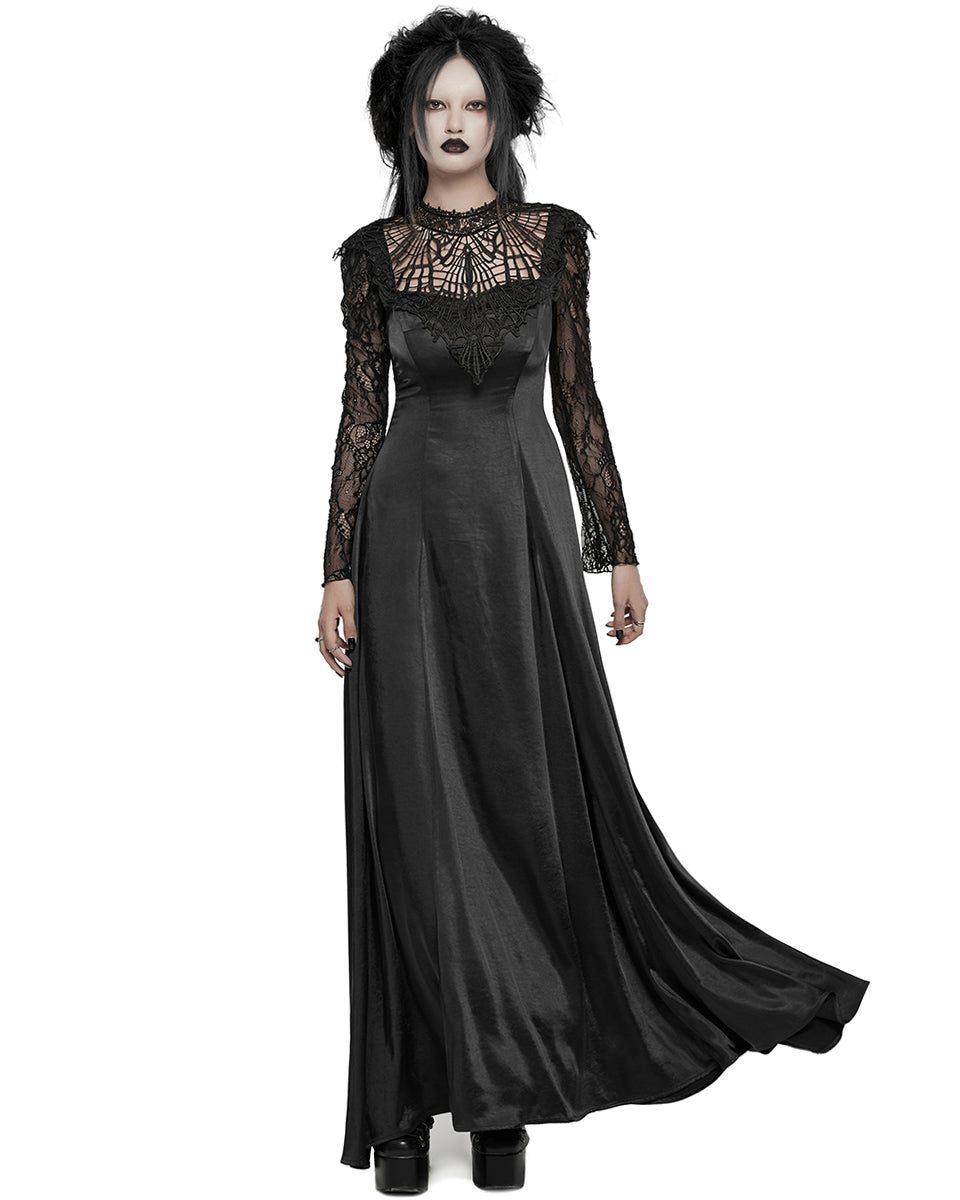 WQ-748LQF Womens Long Gothic Sateen Maxi Dress With Embroidered Lace Contrast