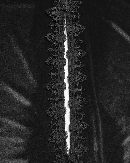 WY-1824DPF Womens Long Gothic Velvet & Lace Applique Hooded Cloak - Black