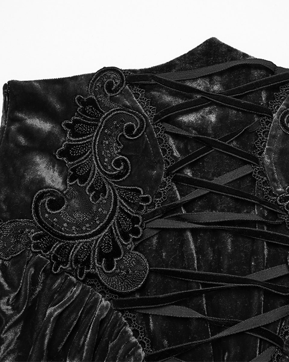 OQ-851BQF Daily Life Womens Long Gothic Velvet Applique Maxi Skirt - Black