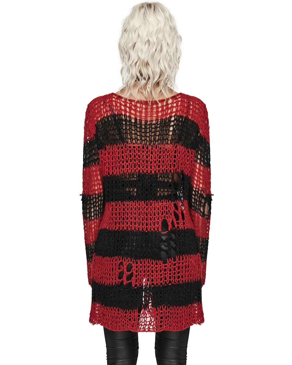 PR-WM-077KMF-RDF Womens Gothic Striped Shredded Cardigan Sweater - Red & Black