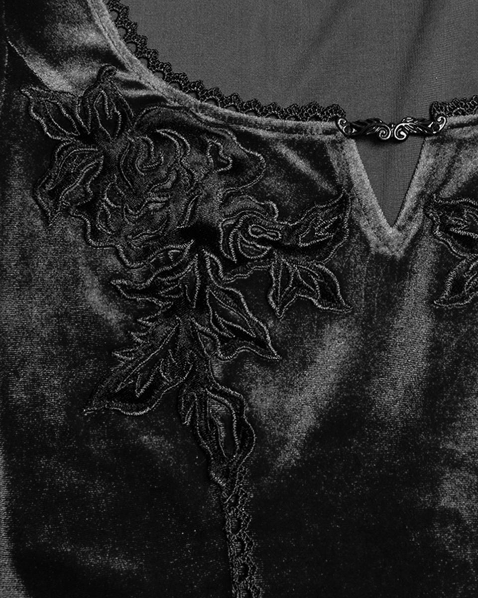 OQ-850LQF Daily Life Womens Long Gothic Velvet Applique Maxi Dress - Black