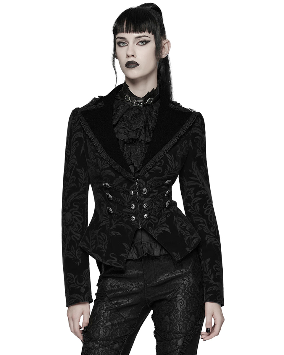 WY-1833LDF Womens Gothic Aristocrat Damask Velvet Frock Coat Jacket - Black