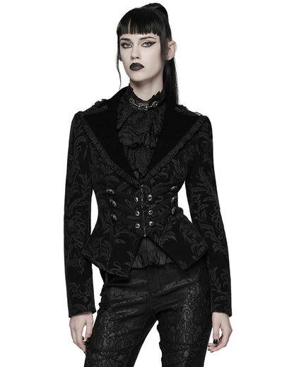 WY-1833LDF Womens Gothic Aristocrat Damask Velvet Frock Coat Jacket - Black