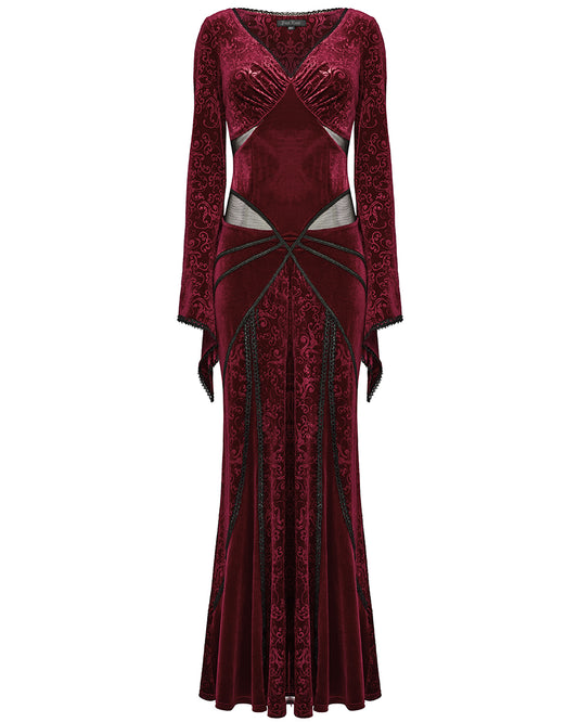 WQ-741LQF Womens Long Baroque Gothic Embossed Velvet Maxi Dress - Red