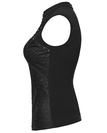 PR-WT-1077BXF-BKF Womens Apocalyptic Gothic Studded Shredded Fishnet Tank Top Vest