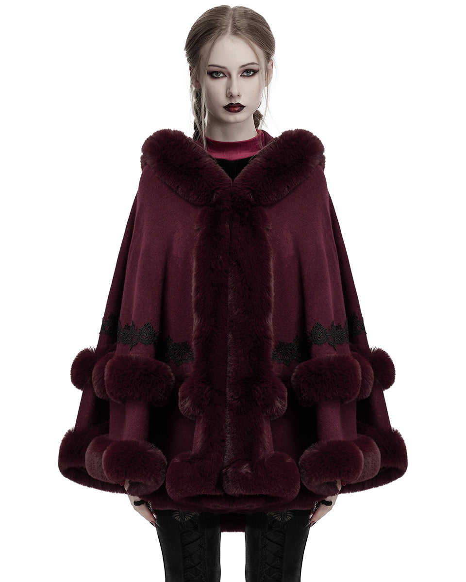 OM-092HMF Daily Life Womens Plush & Faux Fur Hooded Winter Cloak - Red