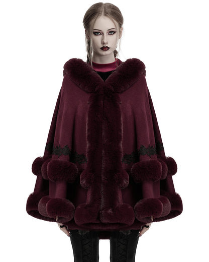 OM-092HMF Daily Life Womens Plush & Faux Fur Hooded Winter Cloak - Red