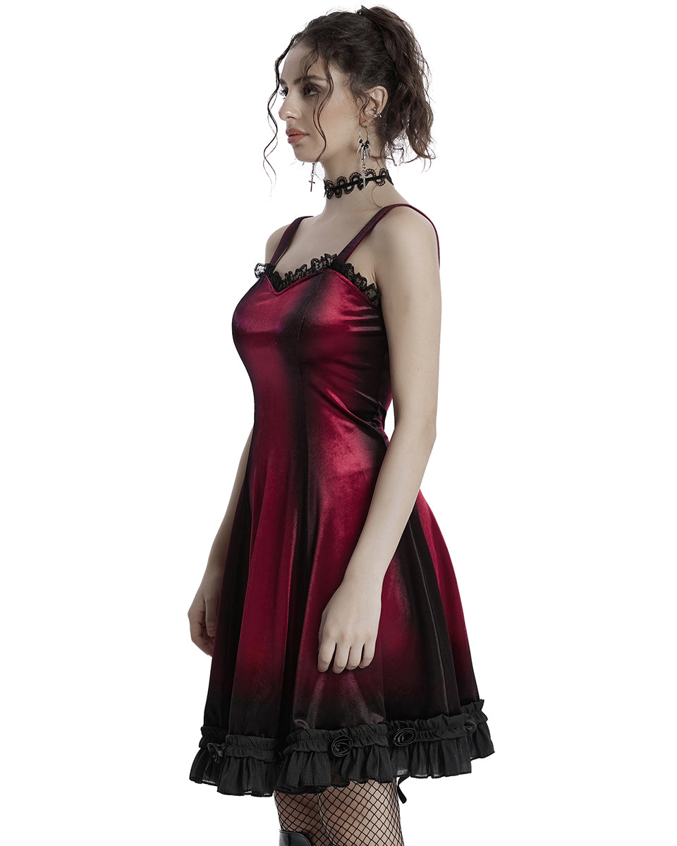 OQ-780DQF-RDF Daily Life Gothic Gradient Velvet Mini Dress - Red & Black