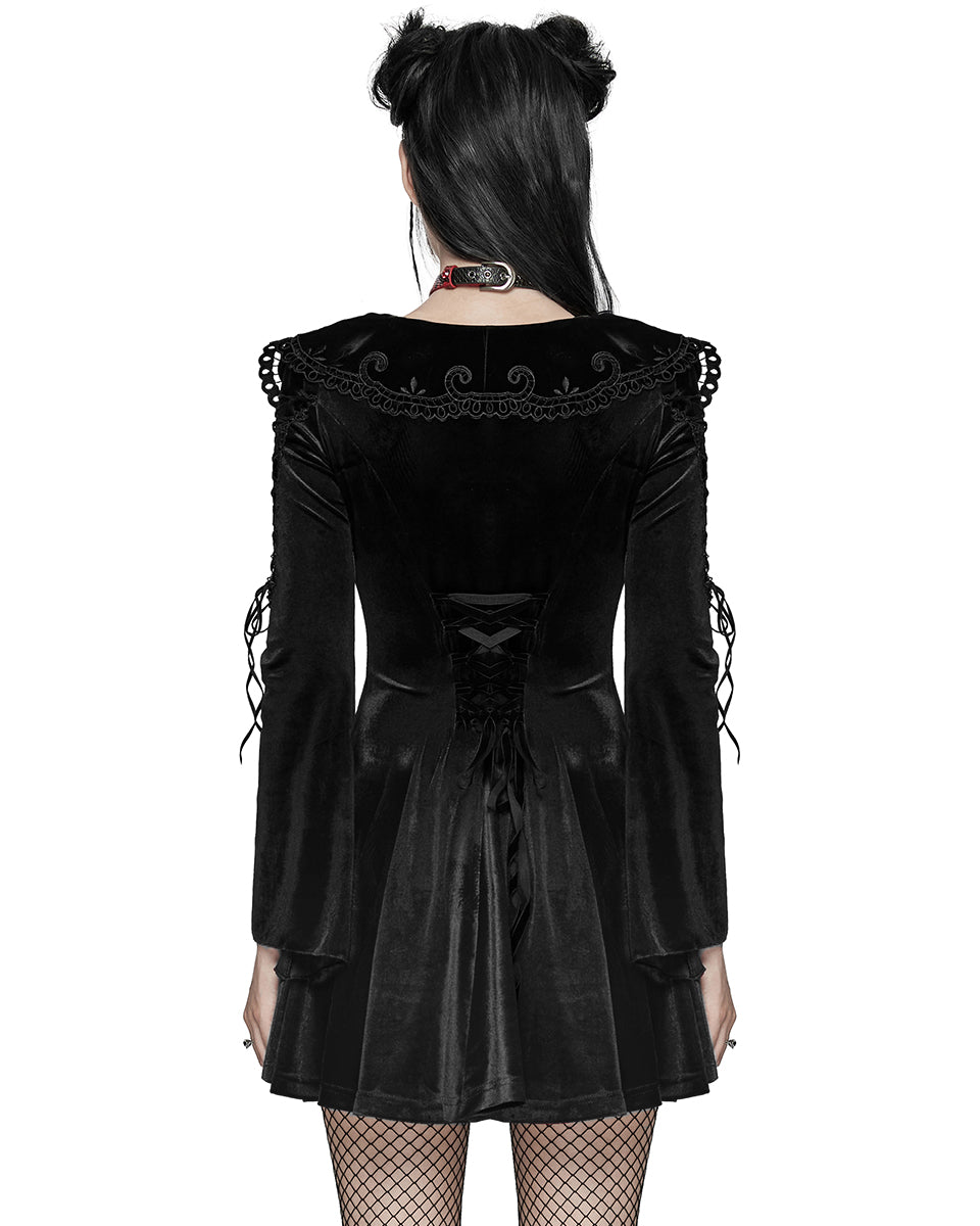 WQ-770DQF Womens Gothic Velvet Mini Dress With Oversize Embellished Collar - Black