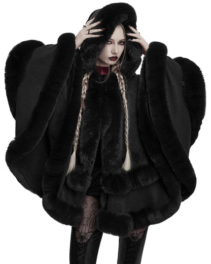 OM-092HMF Daily Life Womens Plush & Faux Fur Hooded Winter Cloak - Black