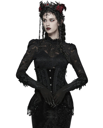 WS-790YDF Womens Baroque Gothic Rose Embroidered Velvet Cincher Corset - Black