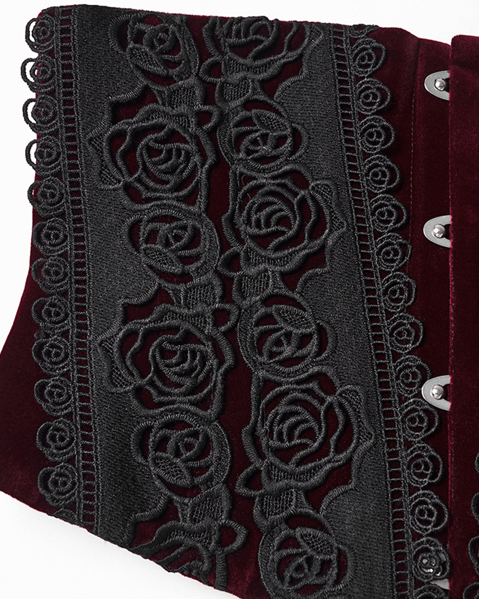 WS-790YDF Womens Baroque Gothic Rose Embroidered Velvet Cincher Corset - Red & Black