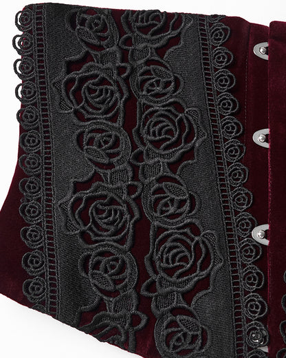 WS-790YDF Womens Baroque Gothic Rose Embroidered Velvet Cincher Corset - Red & Black