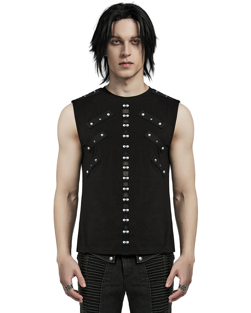 WT-899BXM-BKM Mens Dark Punk Studded Mesh Inset Tank Top Vest