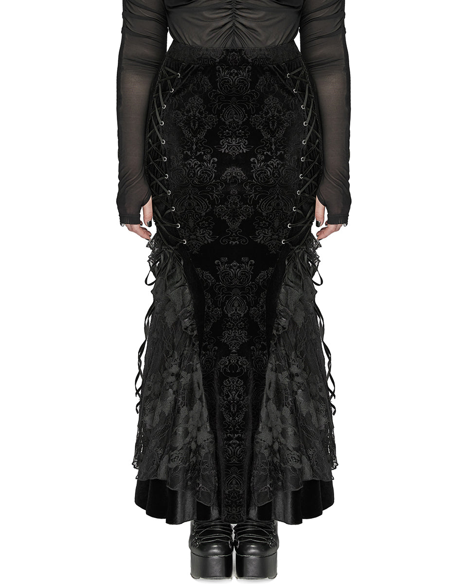 DQ-727BQF Plus Size Womens Gothic Embossed Velvet Damask Fishtail Skirt