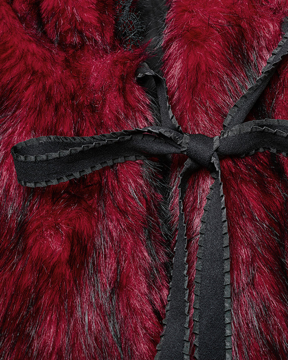 WY-1663DPF Womens Long Gothic Faux Fur Asymmetric Hooded Winter Cloak - Red