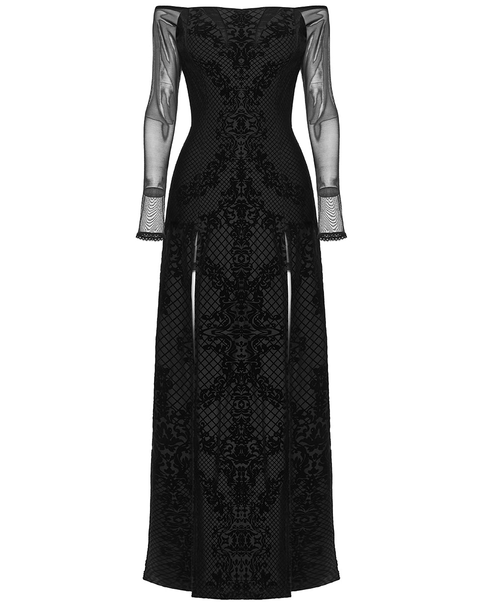 PR-WQ-651LQF-BKF Womens Gothic Flocked Velvet Damask Off-Shoulder Maxi Dress