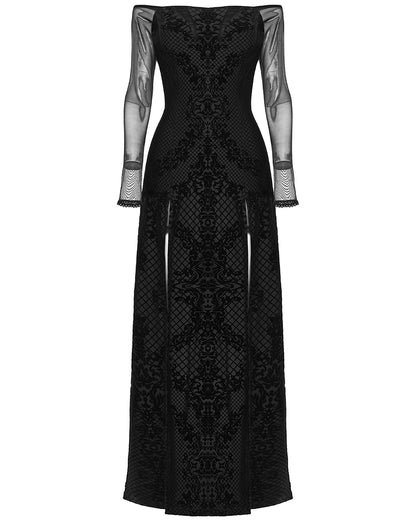 PR-WQ-651LQF-BKF Womens Gothic Flocked Velvet Damask Off-Shoulder Maxi Dress