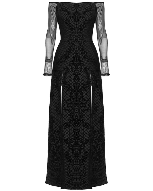 PR-WQ-651LQF-BKF Womens Gothic Flocked Velvet Damask Off-Shoulder Maxi Dress