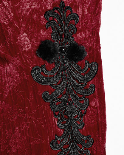 WQ-756LQF Womens Gothic Embossed Rose Velvet & Faux Fur Cheongsam Dress - Red