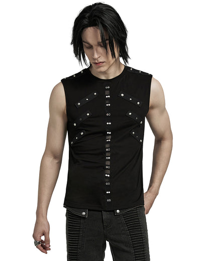 WT-899BXM-BKM Mens Dark Punk Studded Mesh Inset Tank Top Vest