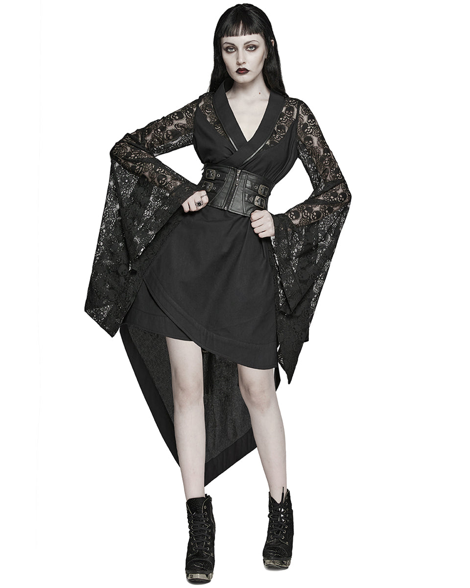 WY-1581XCF Womens Dark Gothic Skull Lace Belted Kimono Dress Jacket