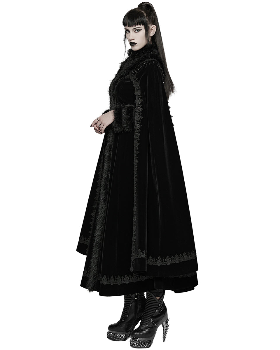 WY-1811DPF Womens Long Elegant Gothic Velvet & Faux Fur Beaded Cloak Coat